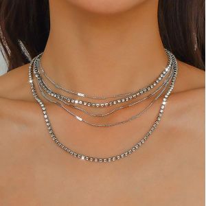 Kal-Collier Argent&eacute; Superpos&eacute; Collier Boho Cristal Strass Collier Multi-Couches Collier Ras Du Cou Collier Cz Brillant Cha&icirc;ne Bijoux Pour Femmes Et Filles Cadeaux - Neuf