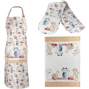 Ulteronixshop-Ensemble De 3 Torchon Cuisine Tablier Et Gant Four Double Au Mignon Chat Imprim&eacute;, 100% Qualit&eacute; Coton Lavable En Machine, Id&eacute;e Cadeaux Pour Les Amoureux Des Chats - Neuf