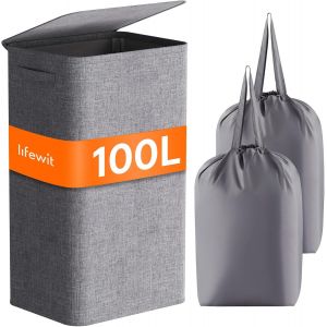 CHECARZHN--NO1-Panier À Linge Avec Couvercle 100L, Panier A Linge Pliable, Corbeille A Linge Avec Sac Amovible, Panier Rangement, Bac A Linge Sale Pour Chambre, Salle De Bain, Buanderie, Gris - Neuf