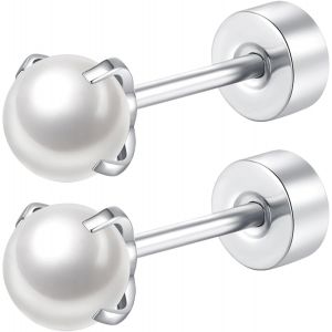 Kal-Boucles D'oreilles En Perles Pour Femmes, Boucles D'oreilles En Acier Inoxydable 316l Hypoallerg&eacute;nique, 4mm Perles Piercing Oreille Cartilage Helix Piercing Argent - Neuf