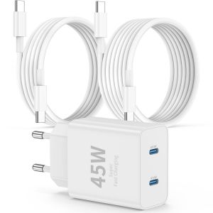 Super Rapide Samsung Chargeur Type C,45w Double Port Usb C Chargeur Rapide Bloc Et 60w 1m + 2m Usb C Câble-Pd Quick Charge 3.0 Pour Samsung Galaxy S25 Ultra/S24+/S23 /S22/Iphone 16 15 Série.[F51] - Neuf