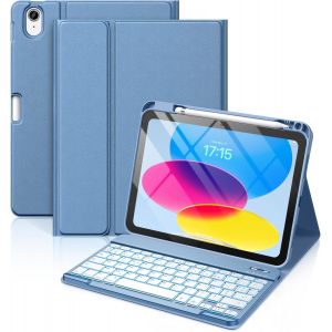 Kwex-Coque Clavier Pour Ipad A16 11/10 Ème Generation (11 Pouces 2025/10.9 Pouces 2022), Étui Keyboard 7 Couleurs Rétroéclairées Avec Porte Crayon, Azerty Layout Pour Ipad 10eme/11eme, Bleu - Neuf