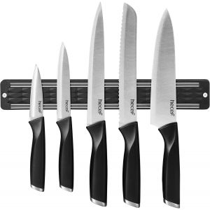 Oayew-Set Couteaux De Cuisine Avec Porte Couteaux Aimant&eacute;, 5 Pi&egrave;ces Couteaux Cuisine Tranchants Avec Barre Aimant&eacute;e Pour Couteaux, Couteaux Acier Inoxydable Pour La Viande Et Les L&eacute;gumes (Noir) - Neuf