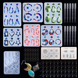 9 Pcs Silicone Moule Pour Bijoux, Boucle D'oreille Moules En R&eacute;sine Epoxy, 40 Pcs Crochets D'oreille Et Anneaux De Saut Pour Boucles D'oreilles En R&eacute;sine - Neuf