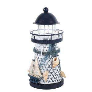 Bougeoir en metal fait main de style mediterraneen en forme de phare, decoration d'interieur avec voilier - Neuf