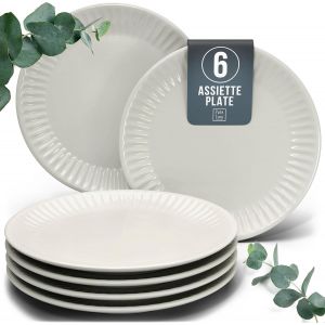 Eryi-Service De Vaisselle En Grès Pour 6 Personnes - Grandes Assiettes En Grès Hygge Design Scandinave - Assiettes À Dîner, Grandes Assiettes - Service De Table Rainuré En Beige - Neuf