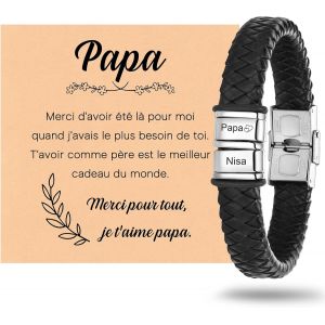 Bracelet Personnalisé Homme Cadeau Papa - Idée Cadeau Fête Des Pères Anniversaire Avec Boîte Et Carte Pour Papa Bracelet En Cuir Tressé Avec Prénom Enfant - Neuf