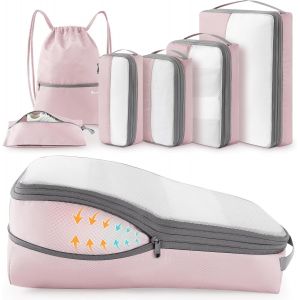 6 Pi&egrave;ces Packing Cubes Compression, Organisateur Val Bagage Sac Compression Organisateur De Voyage Rangement Pour Sac &Agrave; Dos (Rose) - Neuf