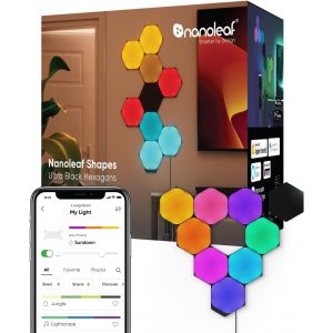 Shapes Ultra Black Hexagone Kit De Démarrage,9 Panneaux Lumineux Led Connectés - Appliques Murales Luminaires Intérieur Modulaires Rgbw Wi-Fi,Compatible Alexa,Pour Salon Chambre Ou Gaming - Neuf