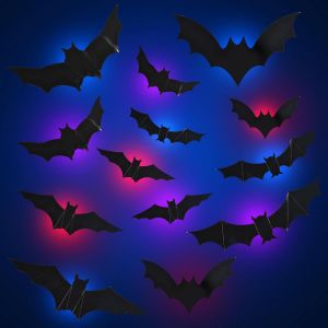 CAUC-Halloween Decoration, Chauves-Souris Halloween Decoration, 3D Grande Chauve-Souris Autocollants LED, Chauves-Souris en PVC pour Halloween Maison Fen&ecirc;tre Accessoires de F&ecirc;te Soir&eacute;e - Neuf