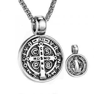Acier Inoxydable Saint St Beno&icirc;t Collier M&eacute;daille De San Benito Collier Hommes Femmes Spirituelle Vierge Marie Pendentif Collier Pour Hommes - Neuf