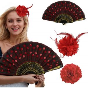 Lot De 3 Pinces &Agrave; Cheveux De Style Chinois - Grande Pince &Agrave; Cheveux Pivoine Rouge + Coiffe &Agrave; Plumes Rouges + &Eacute;ventails Chinois Noirs Et Rouges Avec Fleurs Pour Cheveux De Femme - Neuf
