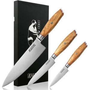 Jexnovashop-Fujiko - Coffret 3 Couteaux Chef + Office + Universel Design Japonais Lames Damas 10cr Manches En Bois D'olivier - Neuf