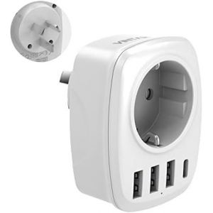 JGD-Adaptateur de Voyage France vers Australie, Adaptateur de Prise 5 en 1 avec 3 Ports USB et 1 Port USB-C adapt&eacute; &agrave; l'Australie, la Chine, la Nouvelle-Z&eacute;lande, Certification White-CE Type I - Neuf