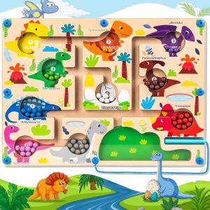 MDY-Jeux Labyrinthe Magnetique Enfant, Apprendre Les Couleurs Jeu de Comptage et Tri Jeux, Parcours de Motricité Fine Jouet, Dinosaures Bois Montessori Jouet Educatif Cadeau pour Garçons Filles - Neuf