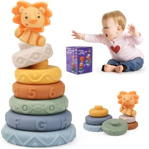 Jeux Montessori Bebe Eveil 6 Mois, 7 Pi&egrave;ces Jouets Empilables avec Anneaux, Tour Souple Empilable, Cube d'activit&eacute; B&eacute;b&eacute;, Jouets Sensoriel Dentition pour B&eacute;b&eacute;, Jeux Educatif pour Bebe 6+ Mois - Neuf