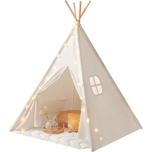 VornixorSarlshopTipi Enfant Int&eacute;rieur avec Tapis & Guirlande Lumineuse - Cabane Enfant en Toile pour Chambre B&eacute;b&eacute; Fille & Gar&ccedil;on, Tente de Jeux Pliable Int&eacute;rieur/Ext&eacute;rieur, D&eacute;co Maison & Cadeau 3 Ans - Neuf