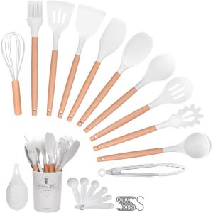 Eryi-29 Pièces Kit Ustensiles De Cuisine, Set De Couverts De Cuisine, Poignée En Bois, Résistant À La Chaleur, Sains Et Antiadhésifs, Passent Au Lave-Vaisselle, Sans Bpa (Blanc) - Neuf