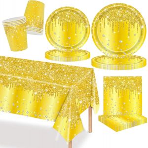 Sjzg-Ensemble De Vaisselle Dor&eacute;e 69 Pi&egrave;ces En Carton, Nappe, Gobelets, Serviettes Pour F&ecirc;tes D'anniversaire, Mariages, Anniversaires, F&ecirc;tes De Vacances, Vaisselle De F&ecirc;te, D&eacute;coration De Table - Neuf