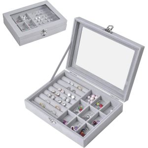 Tianyi-Boîte À Bijoux, 9grilles Organisateur À Bijoux, Flocage Coffre À Bijoux Avec Couvercle Transparent,Rangement Bijoux,Bijoux Plateau D'affichage,Collier Clous D'oreilles Anneau Boîte À Maquillag - Neuf