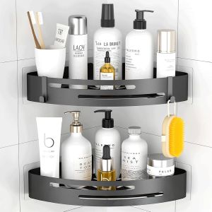 Etagere Douche Sans Percage Angle: Lot de 2 Etagere Salle de Bain Acier Inoxydable, Support Douche pour Bouteilles de Shampoing gel, Rangement Salle de Bain - Noir - Neuf