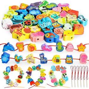 ERYI-Jouet Montessori Enfiler En Bois Enfant 2 Ans, Perle A Enfiler Enfant Avce 44Pièces Animal Perles En Bois, Jouets Puzzle Jeu Éducatif Cadeau Noel Pour Fille Bebe 2 3 4 Ans - Neuf