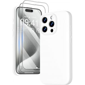 3 En 1 Coque Iphone 15 Pro Silicone Liquide - Avec 2 Verre Tremp&eacute; - &Eacute;tui Protection Pr&eacute;cise De Cam&eacute;ra [R&eacute;sistant Aux Rayures] [Antid&eacute;rapant] Iphone 15 Pro Case 6.1"", Blanc - Neuf