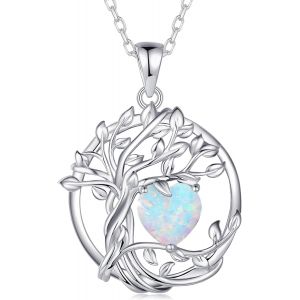 Collier Pendentif Arbre De Vie Femme, Argent Sterling 925 Pendentif Arbre Avec Pierres De Opale, Bijou Cadeau Anniversaire Pour Elle, Longueur De Cha&icirc;ne : 40+5 Cm - Neuf
