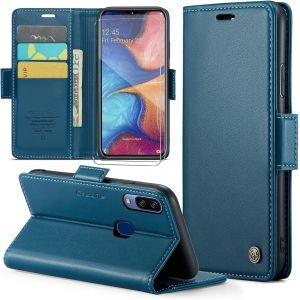 Kal-Coque Pour Samsung Galaxy A20/A30/M10s+ 2 Pi&egrave;ces Verre Tremp&eacute;,Antivol,Prend En Charge Le Chargement Sans Fil, Pochette Fermeture Magn&eacute;tique Flip Case- Bleu - Neuf