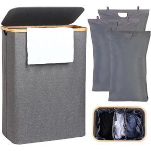 Panier a linge avec Couvercle, 100L Panier à Linge bambou pour Vêtements, bac a linge laundry basket XXL Pliable avec Sac Intérieur gris - Neuf