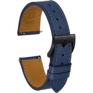 Kal-Bracelet De Monture En Cuir Véritable 21mm Avec Boucle En Acier Inoxydable Noir Pour Hommes Femmes, Bleu Foncé - Neuf