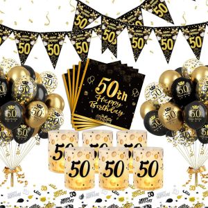 Trahoo-Décoration Anniversaire 50 Ans, Noir Or: Kit Complet Avec Lanternes, Bannières, Serviettes, Ballons, Confettis Et Rubans Dorés Pour Fête Garçon Fille - Neuf
