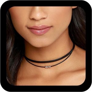 Kal-Boho Layered Leather Choker Necklace Black Leather Cord Choker Necklace Gothic Black Collar Necklace Short Silver Bead Necklace Bijoux Pour Femmes Et Filles - Neuf