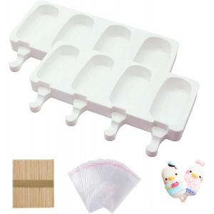 Eryi-Lot De 2 Moules À Glace En Silicone Avec 4 Cavités Et Moule À Cake Pop, Avec 50 Bâtonnets En Bois + 50 Sacs, Sans Bpa, Passent Au Lave-Vaisselle Pour Glace, Gâteaux Et Chocolat - Neuf