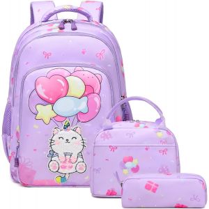 Cartable Filles Primaire 3D Chat Broderie Sac à Dos Licorne Enfants Sacs d'école Filles Set de Sacs d'école 1-3 Classe CP CE CM 1 2 - Neuf