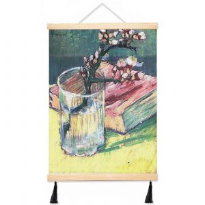 Suspension pour affiche en toile avec cadre Van Gogh-Branche d'amandier en fleurs dans un verre avec un livre 40x50cm murale avec pompons cadeaux de Noë - Neuf
