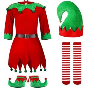 Costume D'elfe De Noël Pour Filles Et Femmes, Tenue De Fête De Noël Avec Chapeau D'elfe, Chaussures, Ceinture Et Bas Rayés (160 Cm) - Neuf