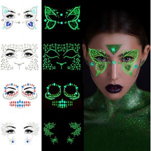 Lumineux Strass Visage Halloween Tatouage Temporaire Carnaval Paillettes Visage Festival Bijoux De Peau Autocollant Strass Pour Femmes Filles Maquillage Du Visage Leopard Butterfly Skull Spider - Neuf