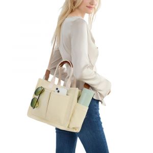 Sac cabas en toile, bandouli&egrave;re, pour femme - Grand sac de travail et de voyage - Beige - Neuf