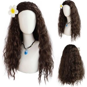 Kalanka-Princesse Perruques Avec Fleur, Fille D&eacute;guisement Princesse Accessoires Perruques Cosplay F&ecirc;te, Longue Brun Boucl&eacute;e Perruque Pour Femme Fille D&eacute;guisement Fancy Dress Halloween Carnaval (Brun) - Neuf