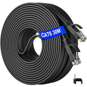 ERYI-Cable Ethernet 30M Plat, Cat 6 Câble Réseau Rj45 30 Mètres Haut Débit Fibre 1000Mbit/S Fil Internet Extérieur/Intérieur Gigabit Noir Cable Lan Pour Switch Routeur - Neuf