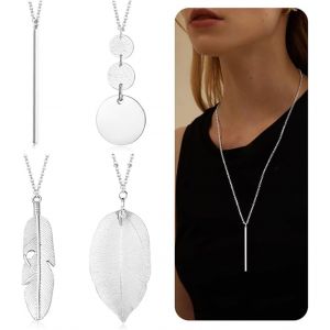 Kal-4pcs Long Collier Femme Or Argent Collier Femme Fantaisie Long Pendentif Collier Sautoir Femme Long Chaîne Colliers Barre Plume Cercle Feuille Pendentif Y Collier Mode Chandail Collier Bijoux - Neuf