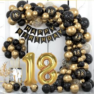 MEVRONISSHOP-Splendide Kit Anniversaire 18 Ans Noir Or - Arche Ballon, D&eacute;corations de F&ecirc;te Inclus - Id&eacute;al pour Homme et Femme - Neuf
