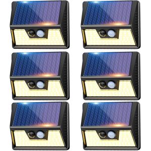 Lampe Solaire Exterieur Detecteur De Movement, Lot De 6 Lumiere Solaire Exterieur, Ip65 &Eacute;tanche 3 Modes Spot Solaire, 270&deg; Eclairage Exterieur Blanc Chaud Applique Murale Pour Jardin, Garage - Neuf