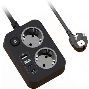 Multiprise avec USB,2 Prises Rallonge Electrique Multiprise Plate Murale avec Interrupteur,Portable Bloc Prise Multiple avec Protection Surtension et Cable 1.8m pour Bureau Maison Voyage, Noir - Neuf