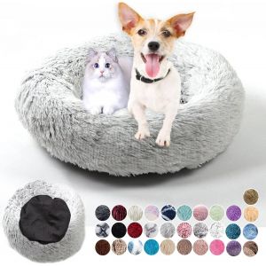 Panier Rond Pour Chien En Tissu Peluche Doux - Lit Lavable Anti-Dérapant Avec Coussin Apaisant Pour Chat - Petit Et Moyen Taille - Gris Clair 60cm - Neuf