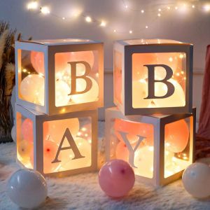 SJZG-Boite Baby Shower Decoration Fille, 4 Cube Baby Boite A Ballon Avec 4 Guirlandes Lumineuses 33 Lettres Et Rose Blanc Ballons Pour Baby Shower, Gender Reveal Party Decoration, Bapteme, Anniversai - Neuf