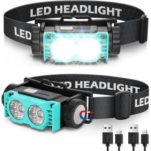 Lampe Frontale 2 Pi&egrave;ces,Lampe Frontale Led Ultra Puissante 2000 Lumens,Torche Frontale 3 Modes Ipx5 &Eacute;tanche Rechargeable Usb,Pour P&ecirc;che,Camping,Cyclisme,Running (Bleu) - Neuf