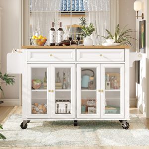 &Icirc;lot cuisine haut de gamme, chariot multifonction, portes vitr&eacute;es/grain bois, grand rangement, blanc - Neuf