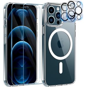 KALANKA-Magn&eacute;tique Coque pour iPhone 12 Pro Max avec 2 Verres Tremp&eacute;s et 2 Cam&eacute;ra Protecteur, Compatible MagSafe Dos Anti Rayures Coque Antichoc TPU Bumper Coque iPhone 12 Pro Max 6.9""-Transparent - Neuf